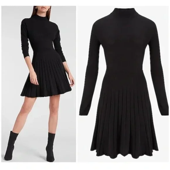 [🌟 PRICE FIRM] EXPRESS Black Pleated Open-Back Sweater Dress Extra Small XS - Picture 2 of 15
